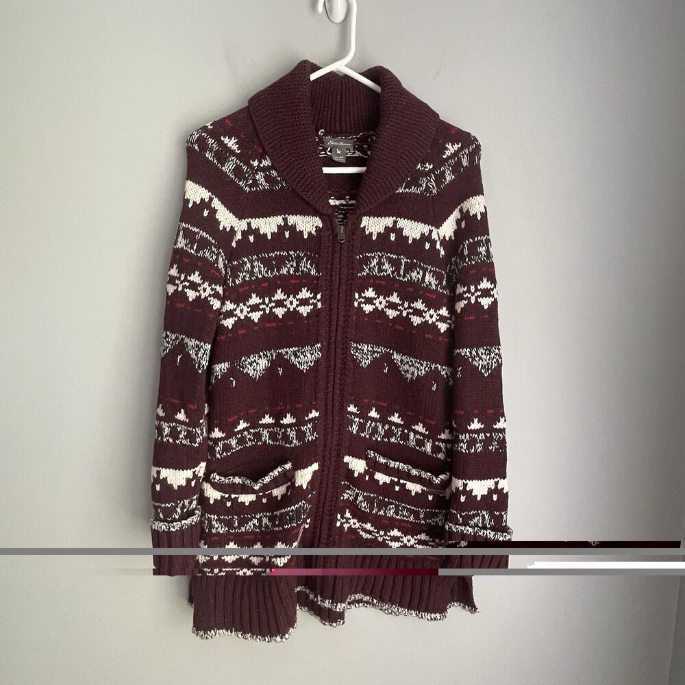 Eddie Bauer Wool Blend Cardigan Sweater Size M Full Zip Fair Isle Shawl Nordic